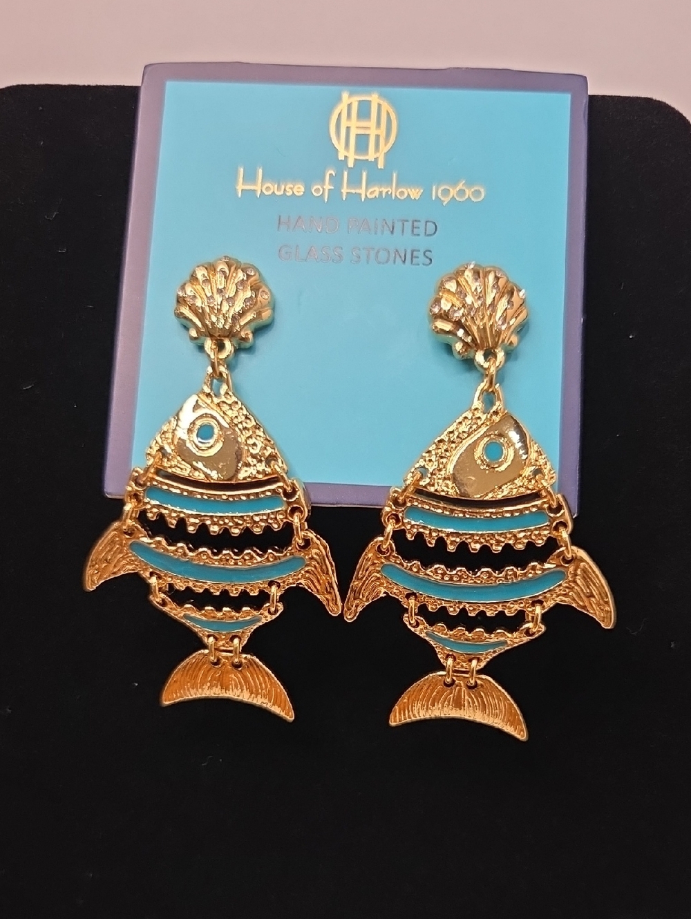🐟▪️House of Harlow▪️ 1960 Gold Tone Hand Painted Turquoise Fish Drop Earrings - Picture 4 of 8